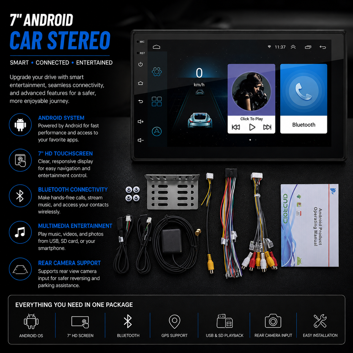 Universal Car Radio with Bluetooth and Card Reader